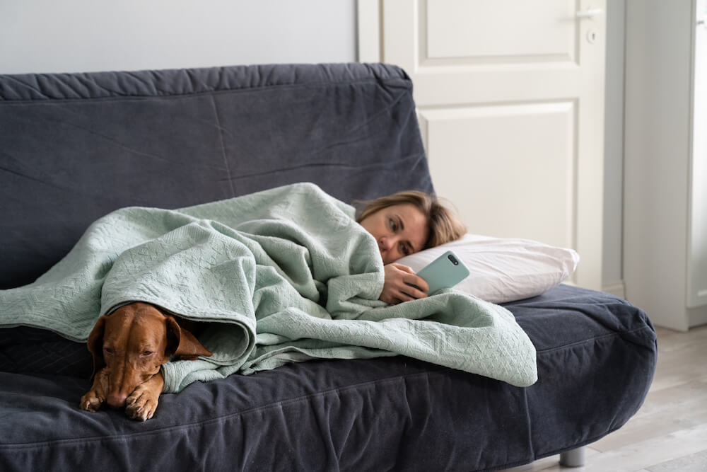 woman laying on sofa under blanket with dog